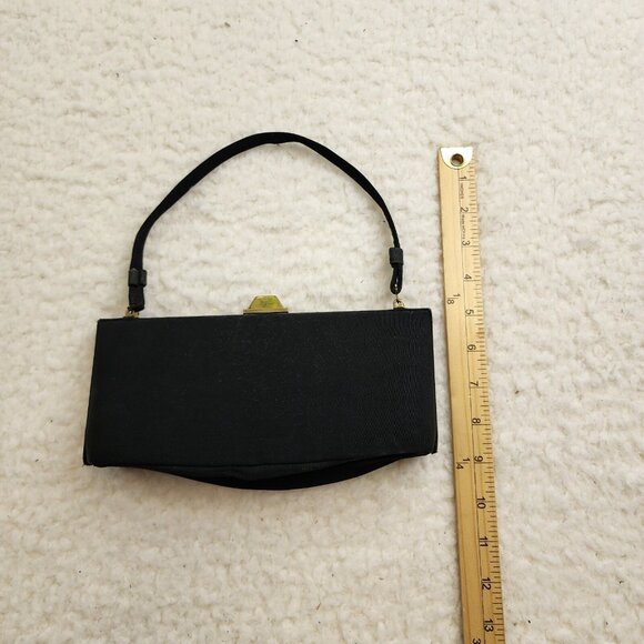 Vintage Black Satin Handbag Clutch Gold Shell Clasp Silk lined Coin Purse - Picture 3 of 10